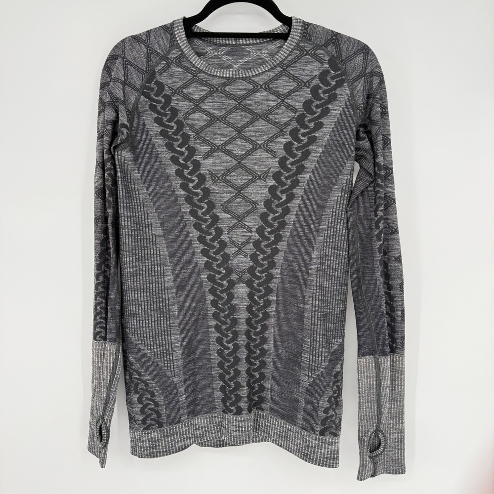 Lululemon Athletic Knit Long‎ Sleeve Top Women Size S Grey Geometric Thumbholes